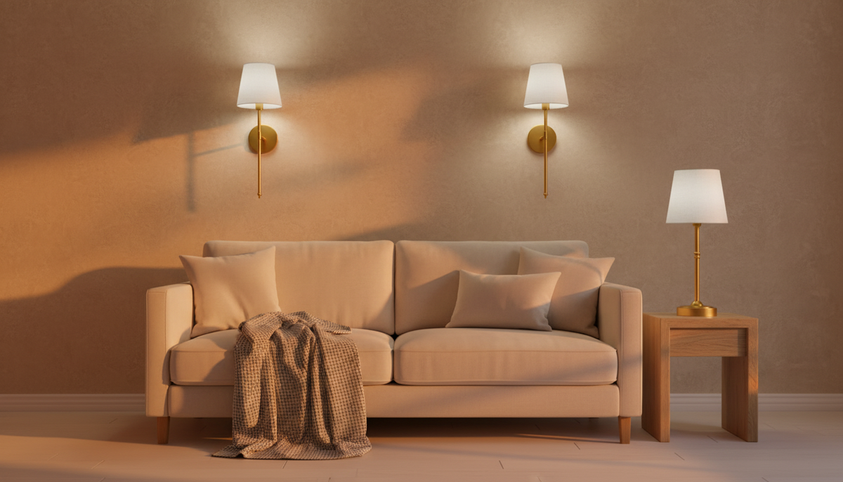 Living room with EVELUME wall sconces and table lamp at dusk