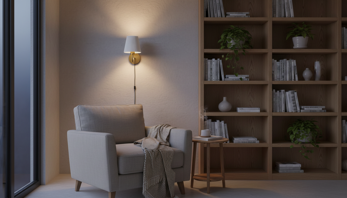 Reading corner with a glowing EVELUME curved wall sconce