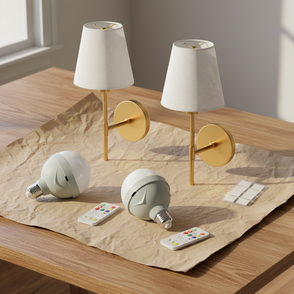 EVELUME wall sconces unboxed with bulbs, remote and mounting strips