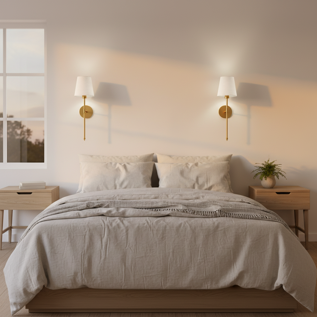 EVELUME wall sconces glowing above a bed