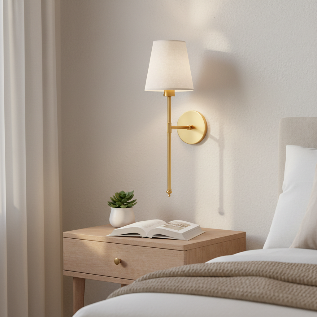 EVELUME wall sconce above a clutter-free nightstand