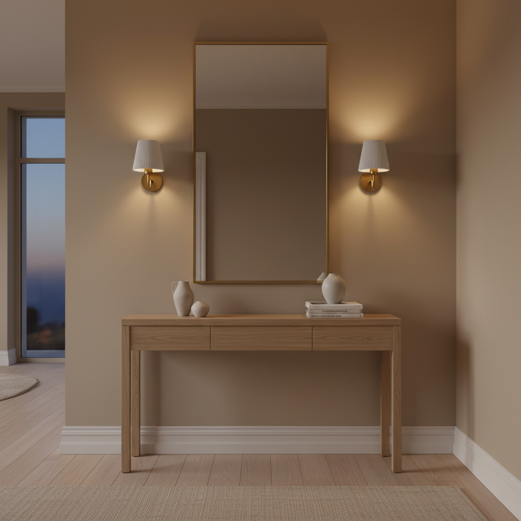 EVELUME curved wall sconce beside a hallway mirror