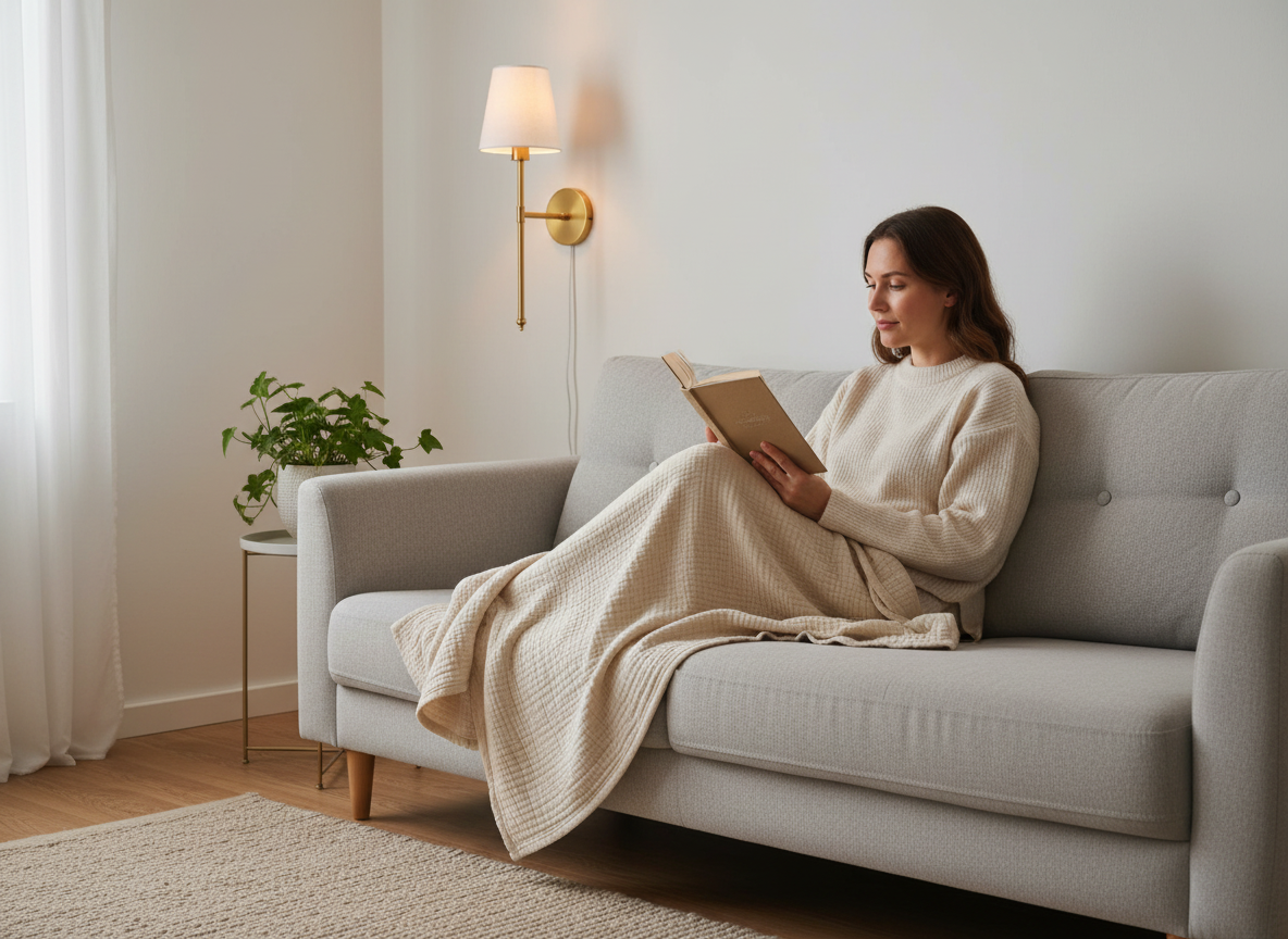 Woman reading under an EVELUME wall sconce wrapped in a muslin blanket